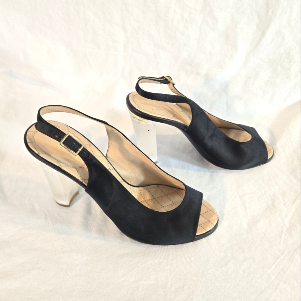 Chanel Women's Size 41 Black 2015 Runway Black Satin Lucite Heel Peep Toe Pumps - Picture 4 of 12